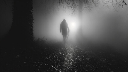 Dark forest, silhouette of a man in the distance - obrazy, fototapety, plakaty