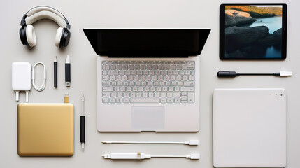 Flat lay photo of Office table with laptop computer, notebook, digital tablet, mobile phone, Pencil, eyeglasses on modern two tone (white and grey) background. Desktop office mockup concept. - obrazy, fototapety, plakaty