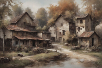 oil painting, beautiful landscape, village and buildings, printable art, picture to print on the wall