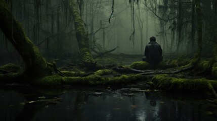 Lonely man sits in the dark forest in the middle of nowhere. Stalker, rear view. Depression and solitude. AI Generated - obrazy, fototapety, plakaty