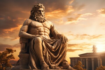 Statue of Zeus in Ancient Greece. Greek Gods. Heracles. Athens Acropolis. Mythology. Golden hour sunset. AI Generated 