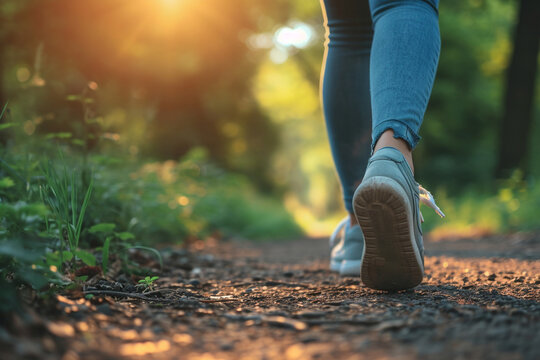 A close-up of a person practicing mindful walking, highlighting the mental health benefits, joy, love and care, happiness, and a present-focused life