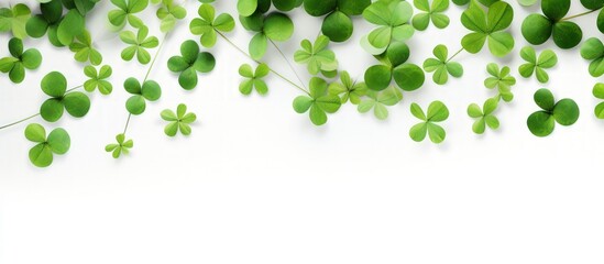Happy Saint Patrick's Day with shamrocks clover leaf green on white background. AI generated image