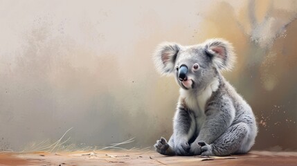 Obraz na płótnie Canvas a painting of a koala sitting on the ground with its eyes wide open and it's head turned slightly to the side, with a blurry background.