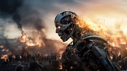 Humans against robots concept. World war. Destruction. Artificial intelligence android on the battlefield. AI Generated