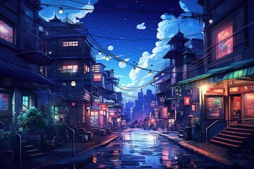Naklejka premium A beautiful Japanese town in the night. Anime comics artstyle. Cozy lofi asian architecture.