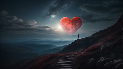 red heart glows in the night sky by moonlight and a person is walking up to it. Valentine's Day wallpaper - obrazy, fototapety, plakaty