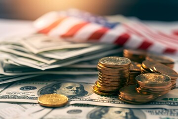 Stacked coins and dollar bills against an American flag backdrop