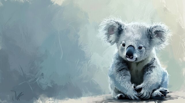  a painting of a koala sitting on the ground with its paws on its chest and it's head resting on the ground with its paws on the ground.