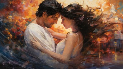 Impressionist painting of a loving couple. Man and woman hug each other. Beautiful colorful background. Love and passion. AI Generated.
