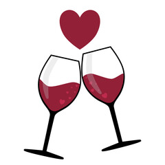 Tilting tapping red wine glasses with valentines heart