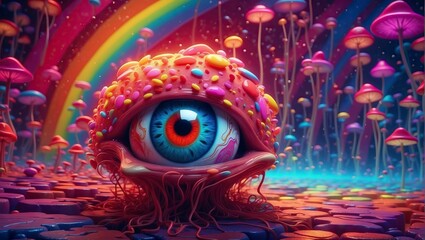 3D render characters, dreamland, colorful eyes, rainbow, moldy, mushroom, rainbow background