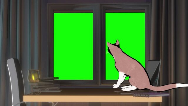 A toon cat sitting and looking style of anime, loop animation 3d render  on a green background