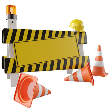 road barrier, board sign, traffic cone, helmet, and warning lamp 3d illustration