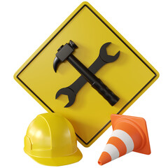 Under construction sign, helmet and traffic cone 3d illustration
