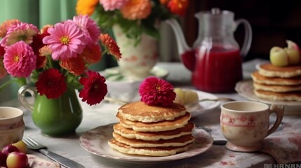Cozy homemade breakfast pancakes with apple sauce Ai Generative