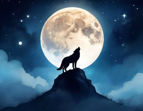 Wolf howling at moon, starry night. Wolf silhouette. Watercolor story book style. Good for postcards, poster, kid's room, book cover and canvas, Generative AI	