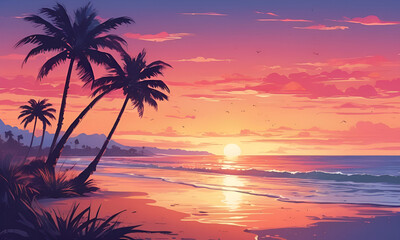 Fototapeta na wymiar sunset over beach with palm tree silhouettes