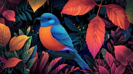  a colorful bird sitting on top of a lush green forest filled with red, orange, and yellow leaves on a dark blue and black background with a blue bird on it's chest.