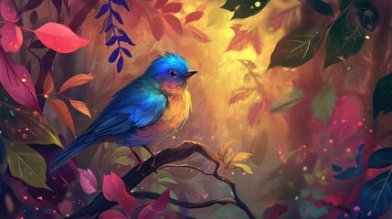  a painting of a blue bird sitting on a branch in a tree with red and yellow leaves on the ground and a yellow and blue bird sitting on the branch.
