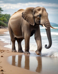 Fototapeta na wymiar indian elephant at the beach. generative ai