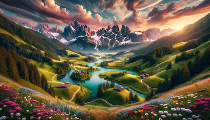 Enchanting Alpine Valley with Lakes, Meadows, and Blooming Flowers at Sunrise or Sunset