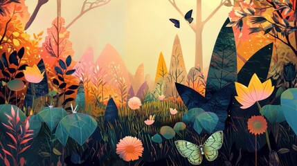  a painting of a forest filled with lots of flowers and a large butterfly flying over the top of the tree's to the right of the picture is a yellow sky.