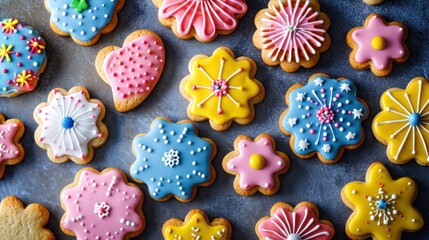  a group of decorated cookies sitting on top of a blue table covered in icing and sprinkles on top of a tablecloth covered in icing. - obrazy, fototapety, plakaty