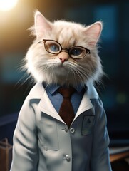 cat student scientist or doctor, wearing a white gown, standing. science and study. portrait one person