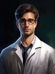 Fototapeta premium man student scientist or doctor, wearing a white gown, standing, looking and smiling. science and study. one person