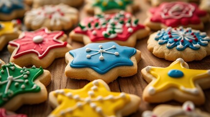  a close up of a bunch of cookies with icing on a wooden table with other cookies in the shape of star, snowflake, snowflake, and star, and snowflake.