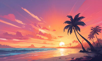Fototapeta na wymiar sunset over beach with palm tree silhouettes