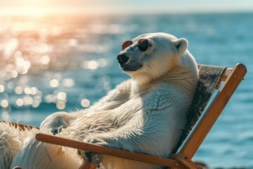 A majestic polar bear basks in the warmth of the sun, lounging on a wooden chair by the sparkling ocean, embodying the wild beauty of nature - obrazy, fototapety, plakaty