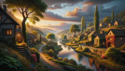 Fotobehang Tranquil Sunset Over a Serene River Village with Rolling Hills in the Countryside © Miva