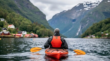 Rear view of adventurous man kayaking on a scenic river surrounded by majestic mountains