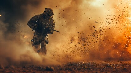 Amidst the chaos of smoke and fire, a soldier races through the outdoor terrain, gun in hand, prepared to confront the violence and destruction caused by the explosion