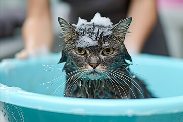 Funny wet cat getting a bath from a girl in a grooming salon   adorable pet care concept.