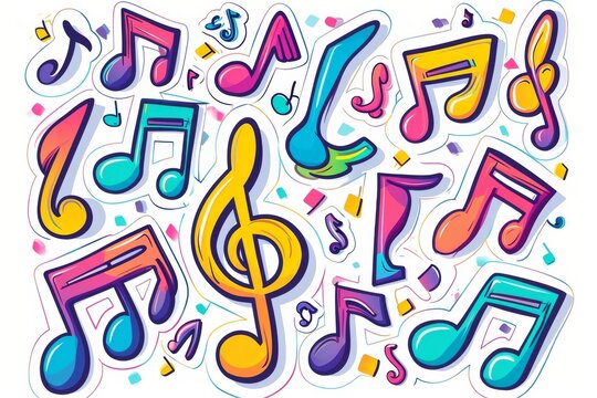 A vibrant and playful illustration of a group of musical notes in a childlike cartoon style, featuring bright colors and whimsical design elements