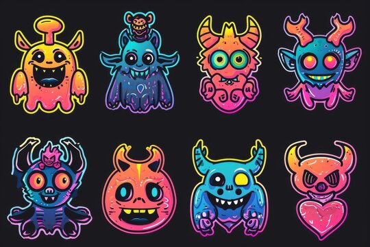 A lively and colorful group of animated cartoon monsters gather together in a clipart-style illustration, showcasing their playful and mischievous personalities through expertly crafted graphics and 
