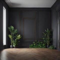 Dark wall empty room with plants on a floor,3d rendering