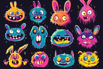 Whimsical characters come to life in a playful halloween-themed clipart, capturing the magic of child art and the charm of classic animated cartoons