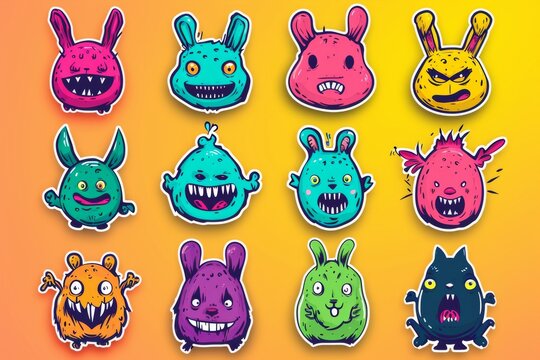 A playful group of colorful, childlike cartoon monsters gather together in a whimsical illustration full of animated charm and animal-inspired figures