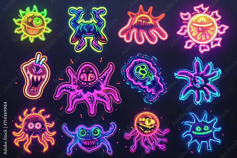 Poster vibrant fractal creatures bask in a neon wonderland, illuminating the depths of artistic imagination
