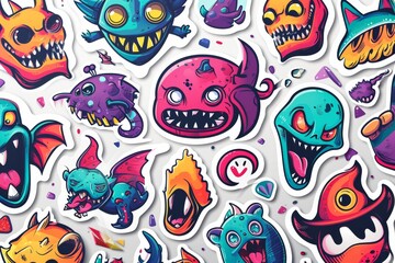 A whimsical and colorful gathering of cartoon monsters, their vibrant and psychedelic art adorned with intricate illustrations and clipart, creating a truly unique and captivating painting that bring