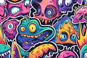 An explosion of vibrant colors and mind-bending designs come together in this whimsical piece, showcasing a group of cartoon monsters brought to life through the art of painting, drawing, and psyched
