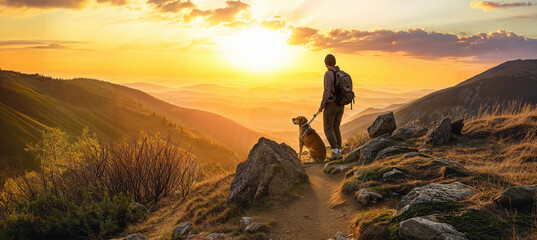 Hiker and dog on a mountain trail watch the sunset - Powered by Adobe