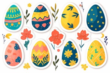 Vibrant and whimsical illustrations of childlike wonder, featuring a colorful array of eggs adorned with delicate flowers