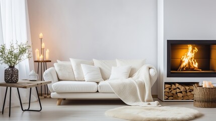 Cozy scandinavian home interior  modern living room with white corner sofa near fireplace
