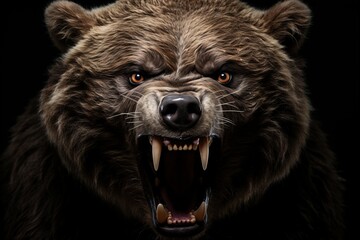 Fototapeta premium Intense and fierce angry brown bear close up portrait, isolated on dark black background