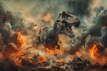 Amidst a chaotic scene of burning destruction, a fiery dinosaur charges fearlessly through the flames like a majestic dragon, its powerful strides leaving trails of smoke in its wake